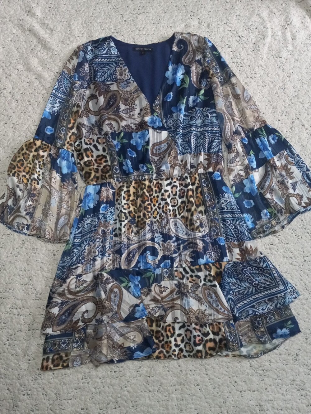 Boston Proper Wild Patchwork Print Flare Sleeve Peasant V-Neck  Dress Size L - Picture 8 of 9